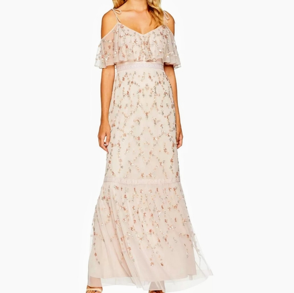 Adrianna Papell Flounce Bead Mesh Dress, Pink"